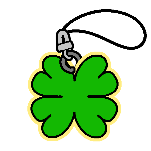 A four leaf clover with a bright yellow outline, and a fastener and a string loop attached to the top.